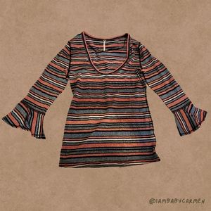 Anthropologies - Stripped Blouse with Dipped Neckline & Flare Sleeve